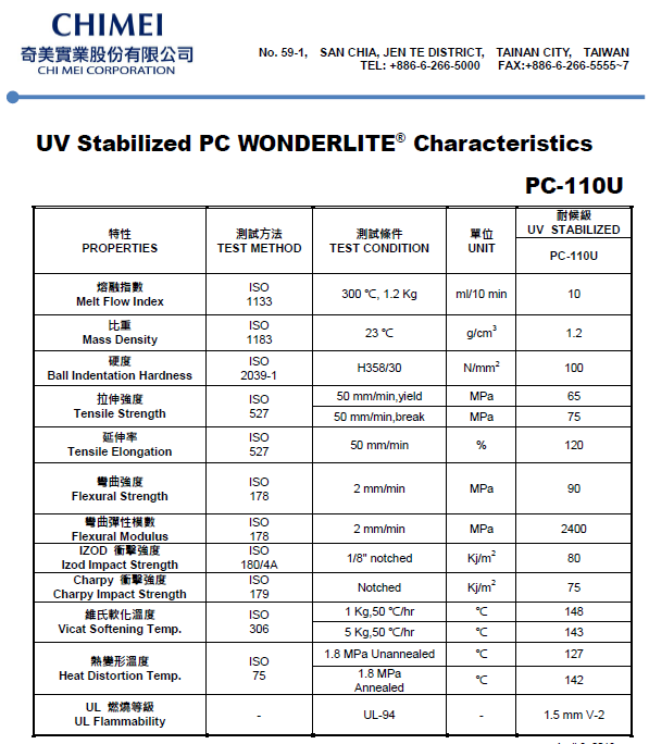 這是一張臺灣奇美PC PC-110U物性參數(shù)表圖片