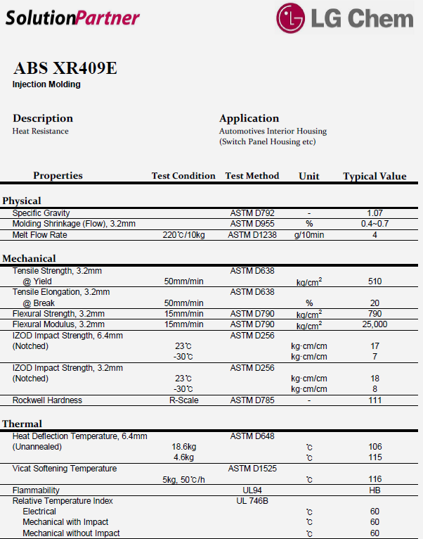 韓國LG ABS XR409E物性表（英文）