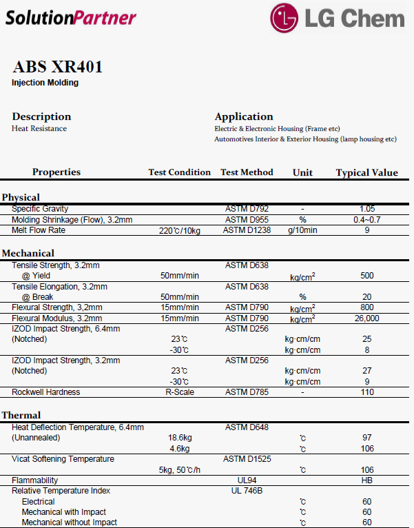 韓國(guó)LG ABS XR401物性表（英文）